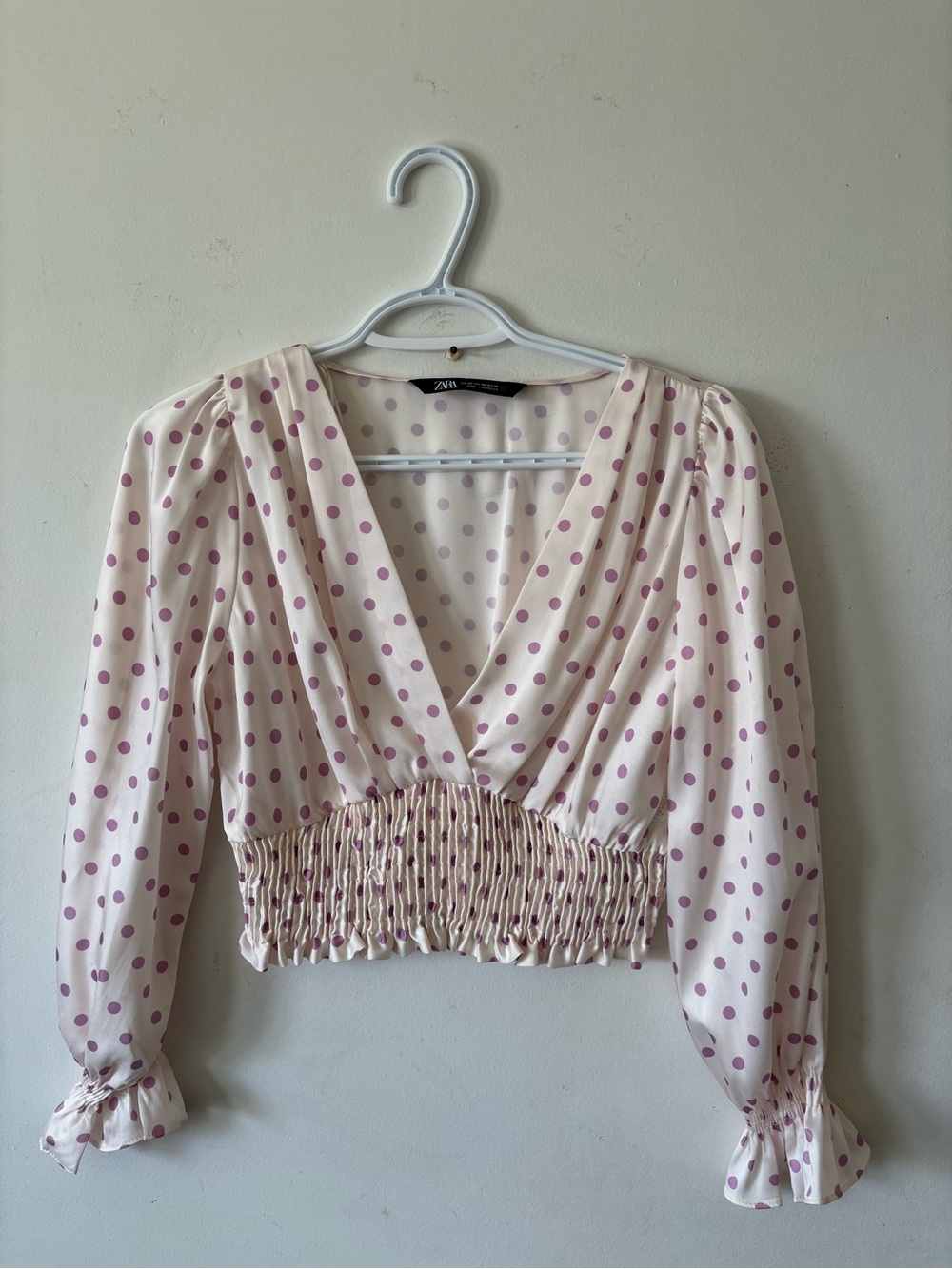Zara Cream Blouse with Pink Polka Dots and Smocked Waist